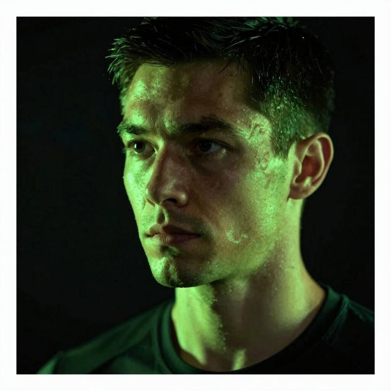 Close-up of a professional trainer's face, intense and focused, lit by a sharp neon green side light, dark background.