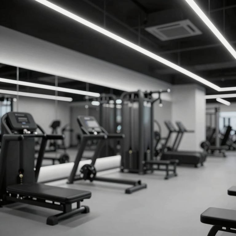 A minimalist, futuristic gym interior with matte black equipment and subtle white (#FFFFFF) accent lighting.