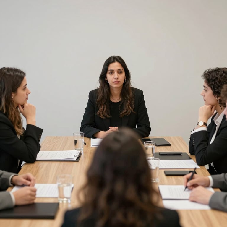 A serious female executive sits at the head of a conference table, surrounded by her diverse team in a professional business