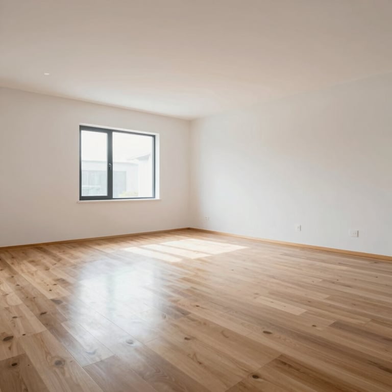 Interior view of a modern home extension with white walls and perfectly installed wooden floor joists, reflecting construction expertise.