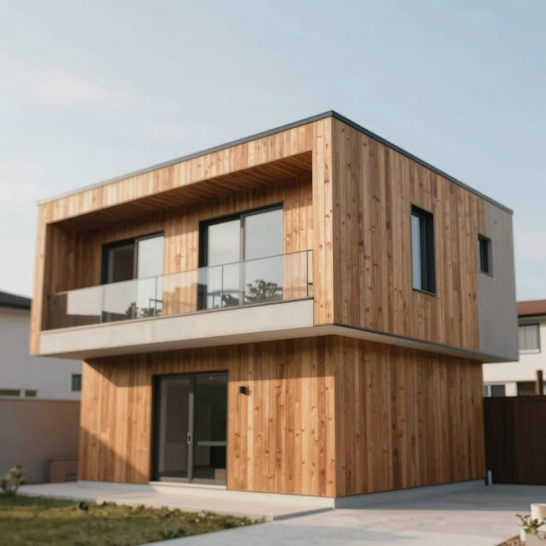 Exterior renovation of a modern house featuring high-quality timber cladding and clean workmanship, set against a bright sky.