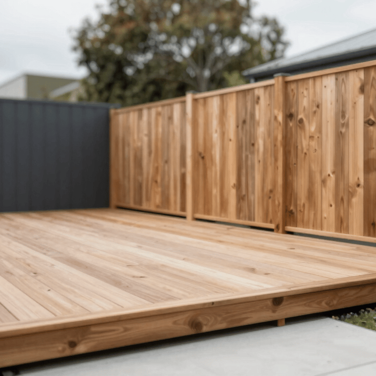 A premium timber fence in a modern Melbourne backyard, showcasing clean lines and professional installation under bright daylight. Palette: #FFFFFF and natural wood tones.