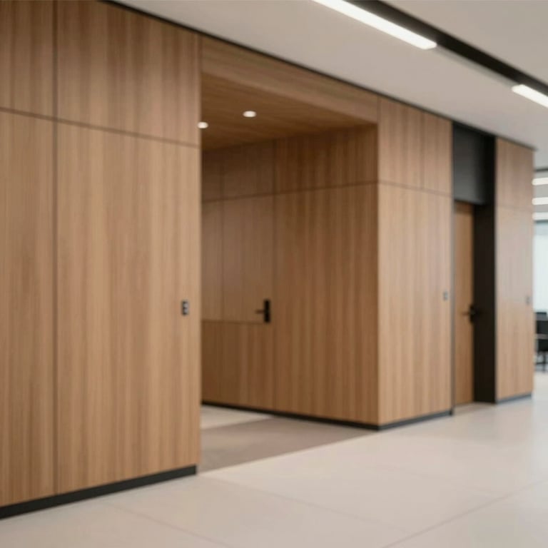 A finished commercial office fit-out with modern wood paneling and architectural details, demonstrating unwavering professionalism.