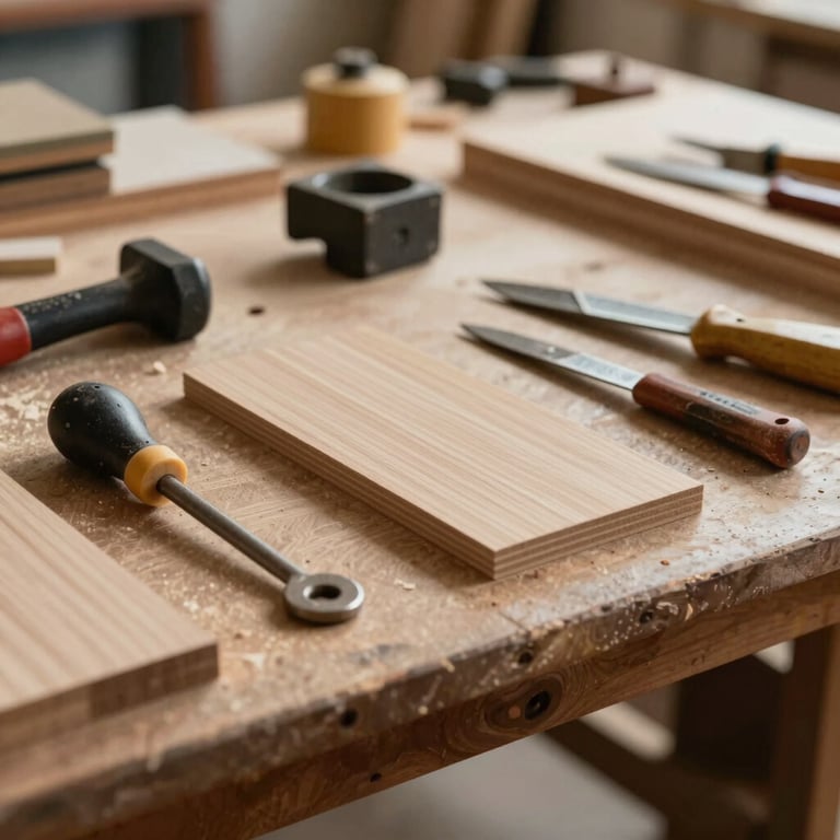 A carpenter's workbench organized with professional tools and wood samples, conveying a sense of refined craftsmanship and order.