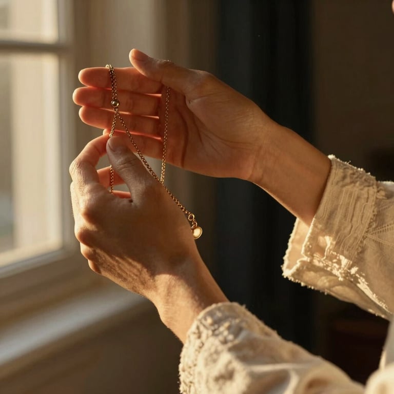 A close-up portrait of hands delicately holding a vintage gold necklace, warm golden-hour window light illuminating the textured linen sleeve and the soft skin, elegant, quiet luxury