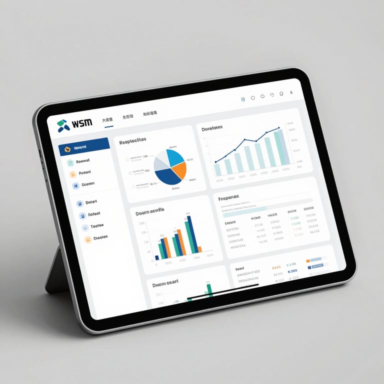 A sleek digital tablet showing structured financial reports and corporate growth charts.