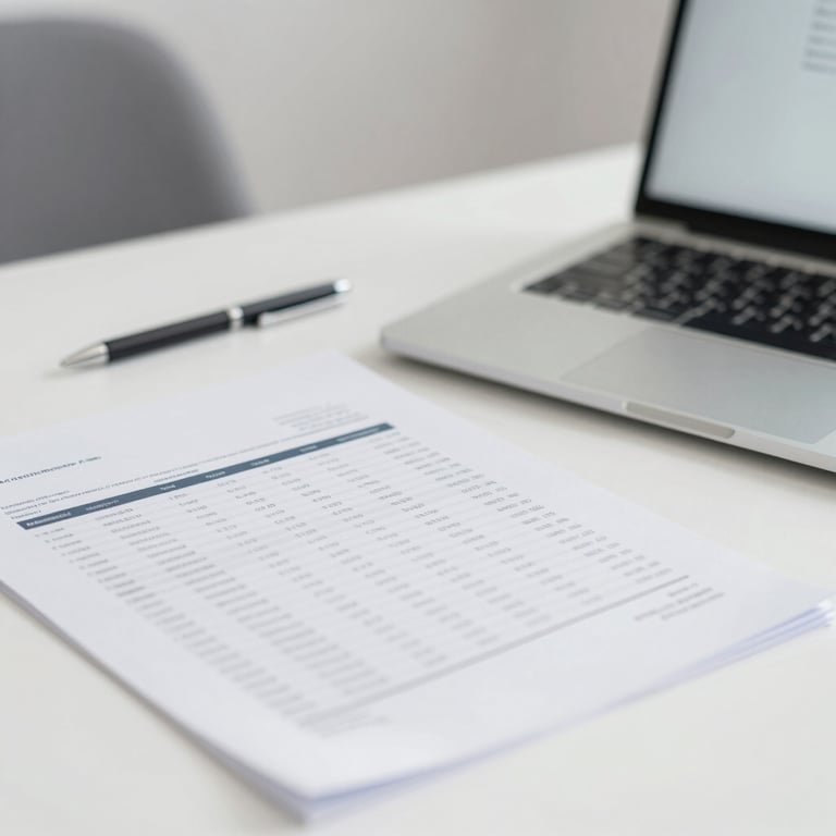 A clean workspace with a laptop and organized financial documents, reflecting professionalism.