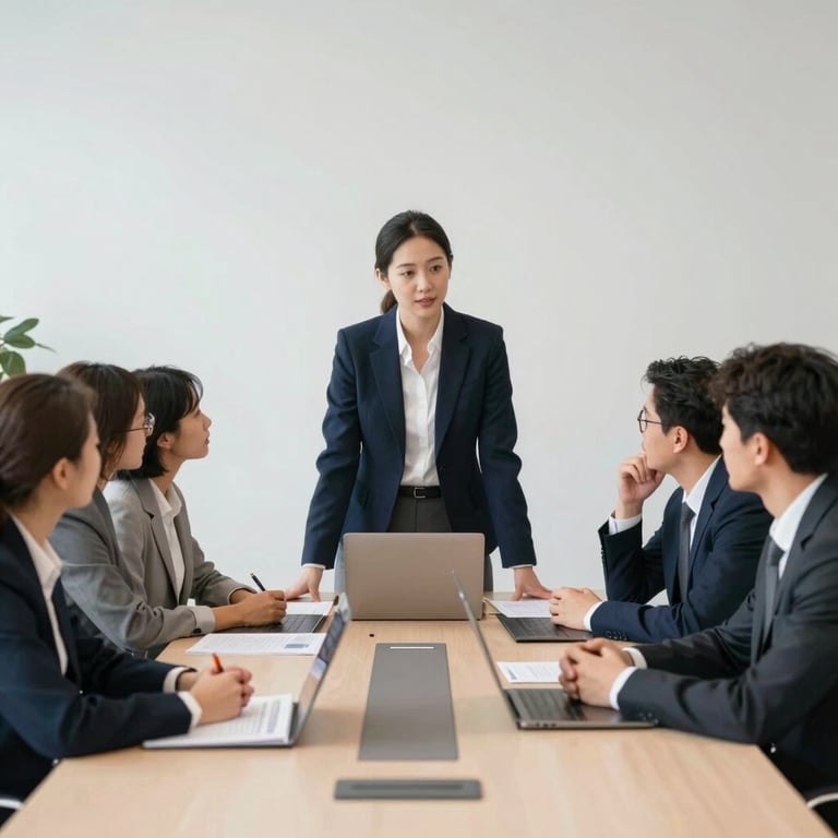 A group of diverse financial experts collaborating around a minimalist conference table.