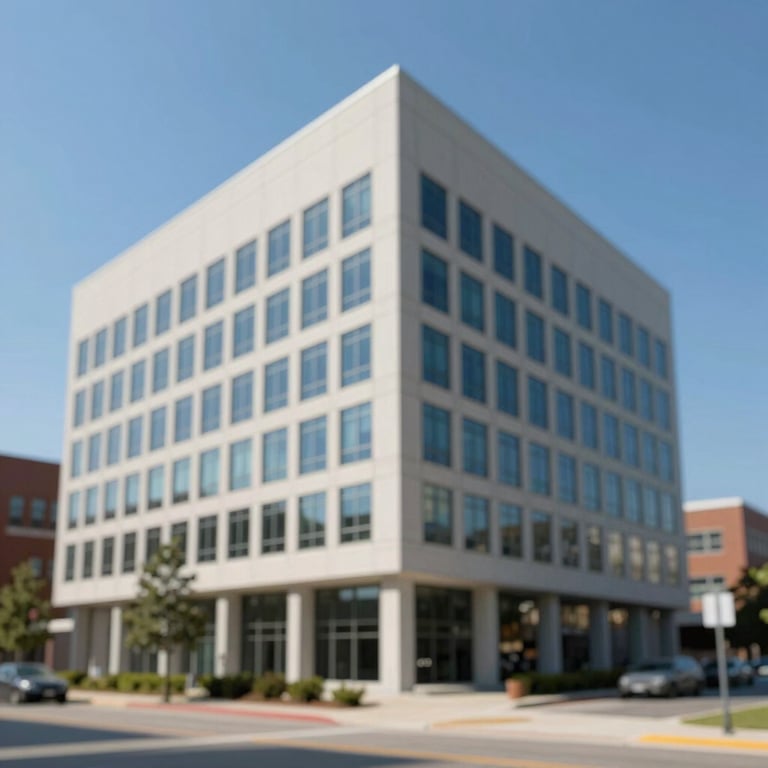 An architectural exterior view of a modern Ohio business headquarters under clear blue skies.