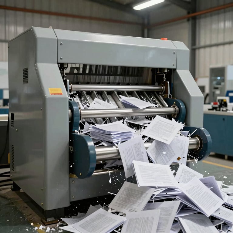 A large industrial shredder safely destroying sensitive documents in a controlled facility.