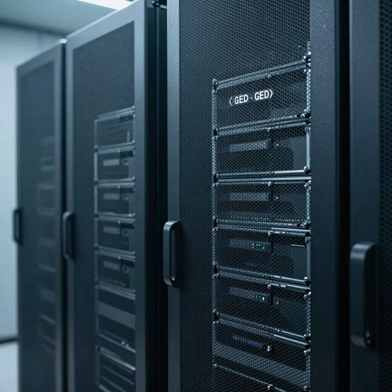 Secure server racks in a data center with soft slate blue lighting indicating modern GED systems.
