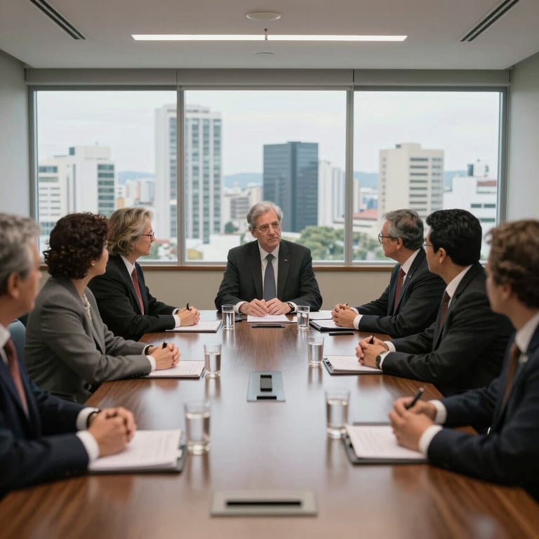 Executive meeting in a bright boardroom with views of Belo Horizonte's skyline.