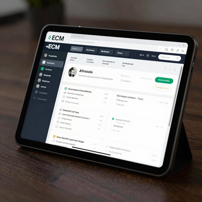 A tablet displaying a sophisticated ECM Alfresco dashboard interface in a professional setting.