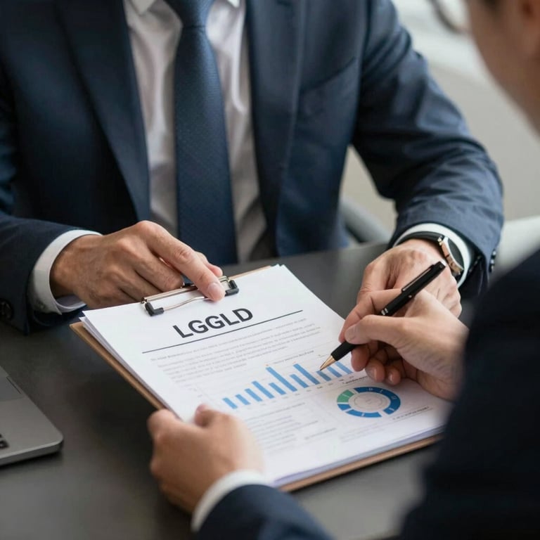 A consultant in a dark charcoal blue suit analyzing data protection reports for LGPD compliance.