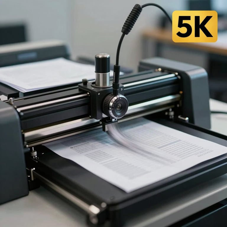 Close-up of a high-speed scanner processing corporate documents with motion blur, professional lighting.