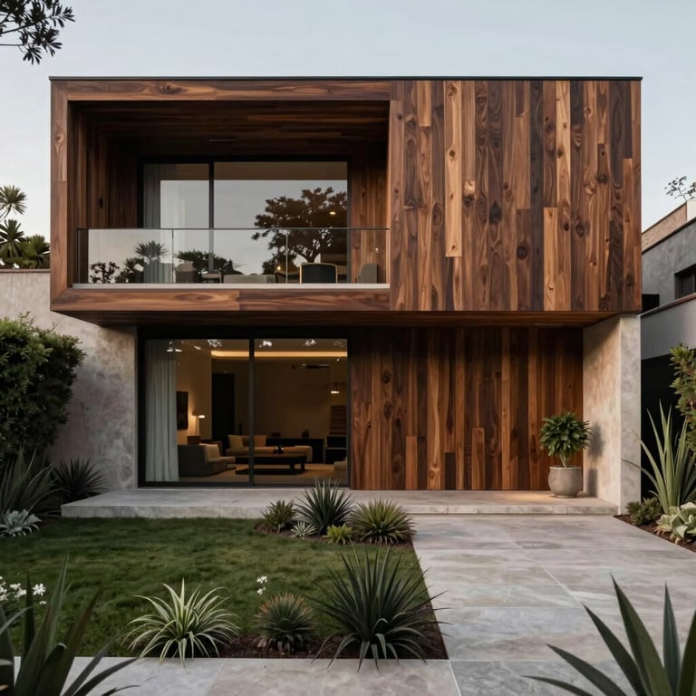 Fachada de una casa residencial de lujo en Guadalajara, con jardín minimalista y acabados en madera oscura.