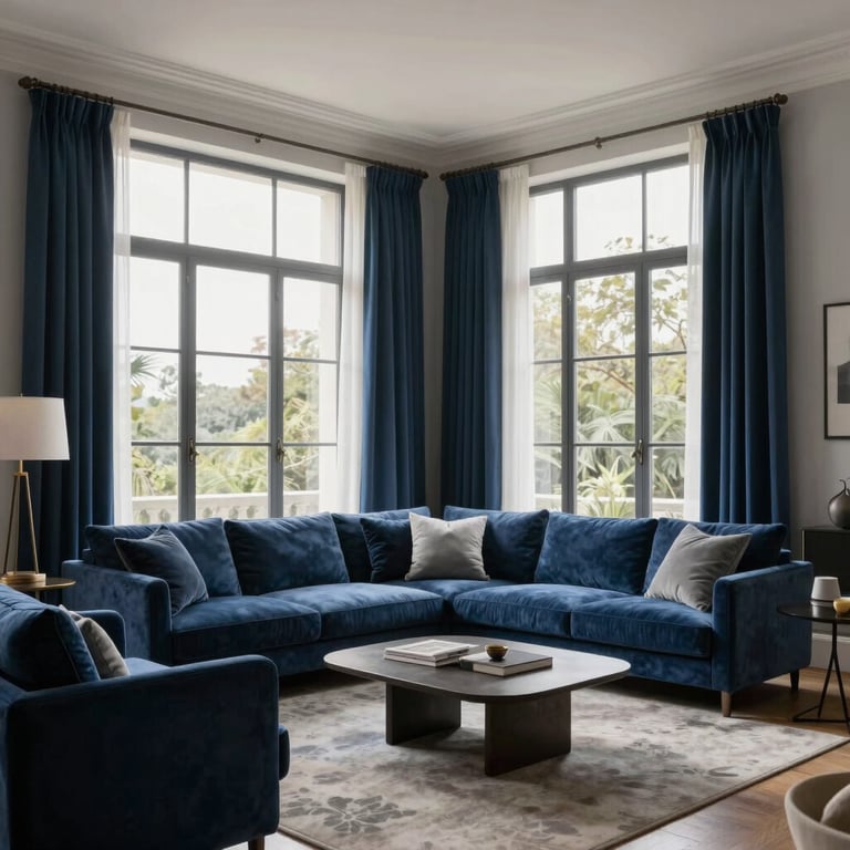 Sala de estar espaciosa con ventanales de piso a techo, decoración sofisticada en tonos Deep Blue y Light Gray.
