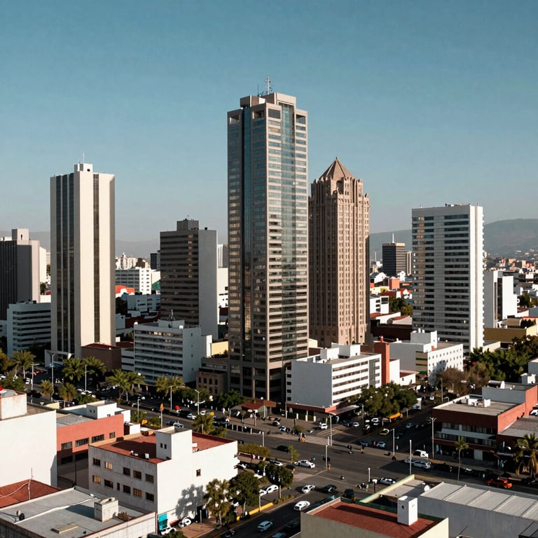 Vista aérea de la zona de Puerta de Hierro en Guadalajara, edificios modernos y cielo despejado, estilo North American / Mexican.