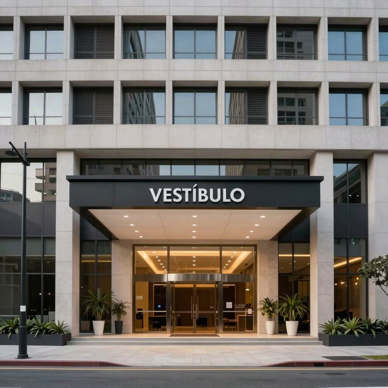 Vestíbulo de entrada de un edificio corporativo premium con diseño arquitectónico contemporáneo.