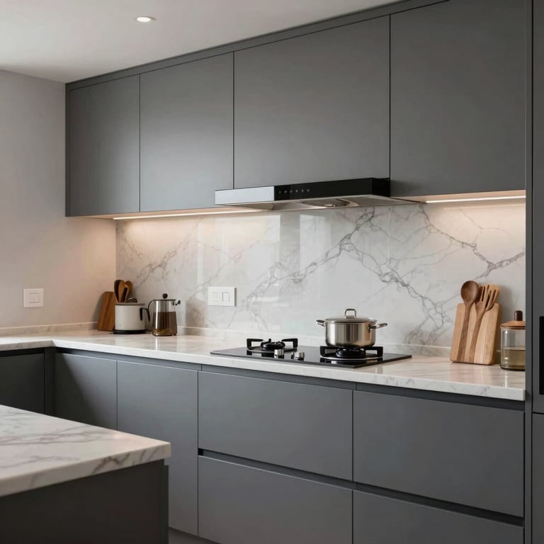 Interior de una cocina de diseño con acabados en mármol y colores Silver y Slate, iluminación elegante.