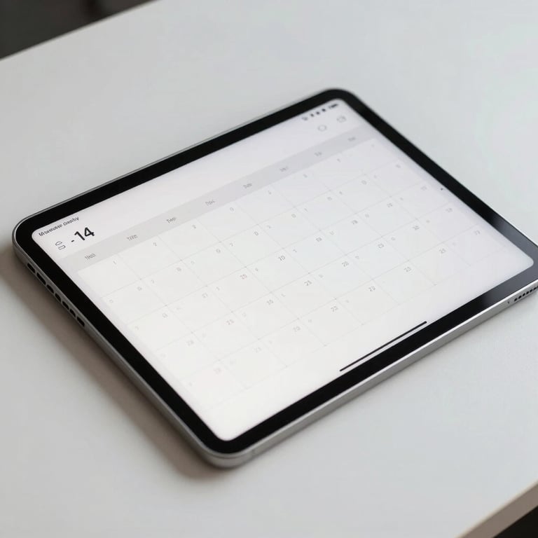 Close-up of a digital tablet displaying an organized calendar, sitting on a minimalist white office desk.