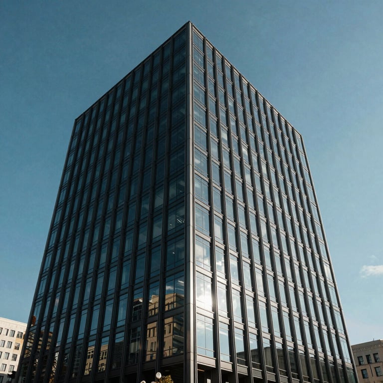 A modern office building exterior in a European / Portuguese business district with glass reflecting a blue sky.