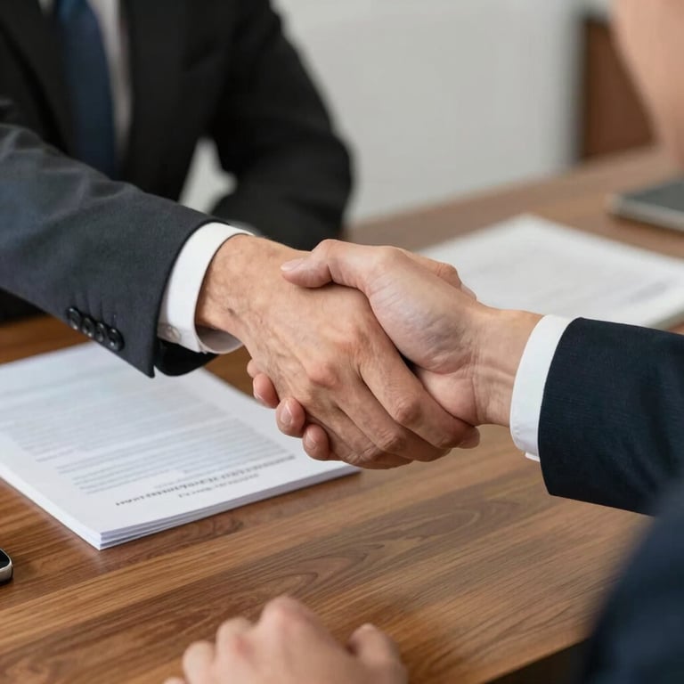 Professional interaction in a Portuguese setting, showing a clean handshake over a wooden desk with documents.