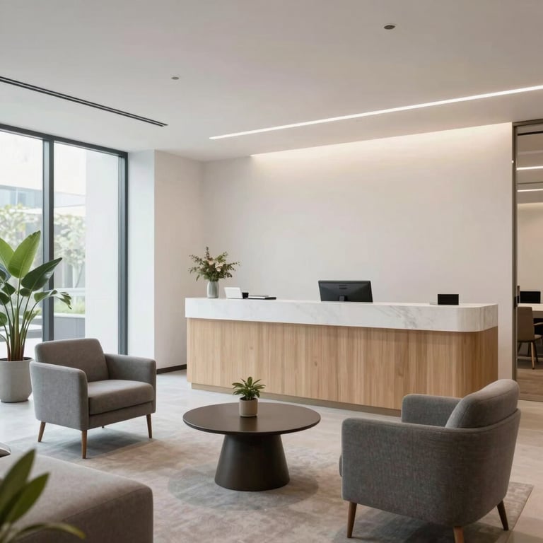 A bright and airy reception area of a professional services firm, styled with modern furniture and clean lines.