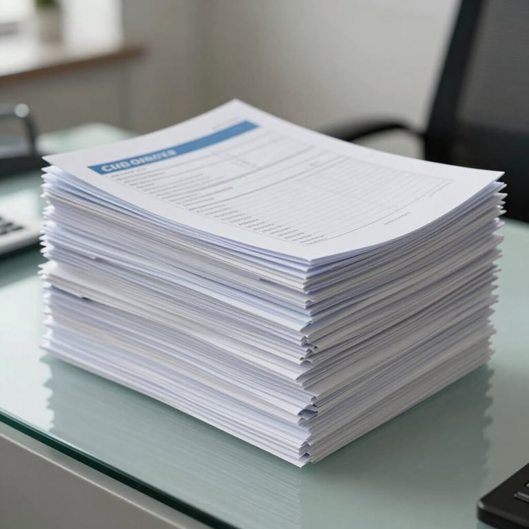 A tidy stack of professionally bound reports and administrative files on a glass table in a bright office.