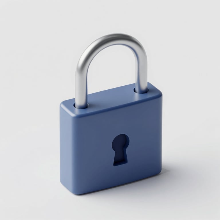Minimalist 3D render of a secure digital padlock protecting a document, clean corporate blue and slate gray, bright studio lighting, isometric view