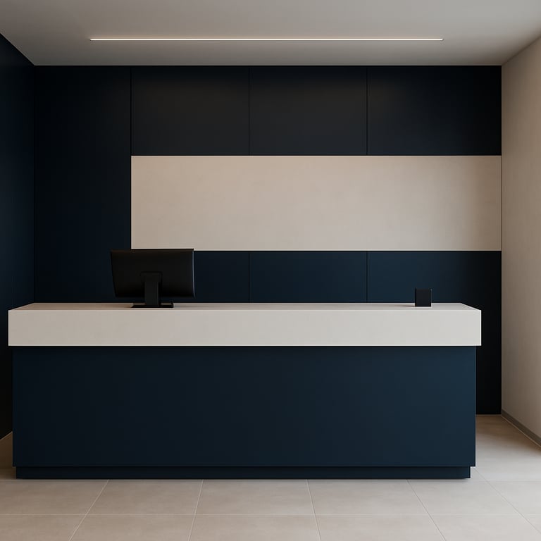 Interior view of a clean, streamlined registration desk at Mall-9, G9 Markaz, featuring a dark navy blue and off-white color scheme.