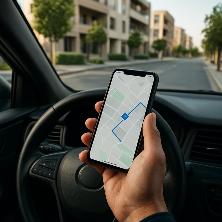 A driver checking a smartphone navigation app while parked on a clean, modern street in Islamabad, Pakistan.