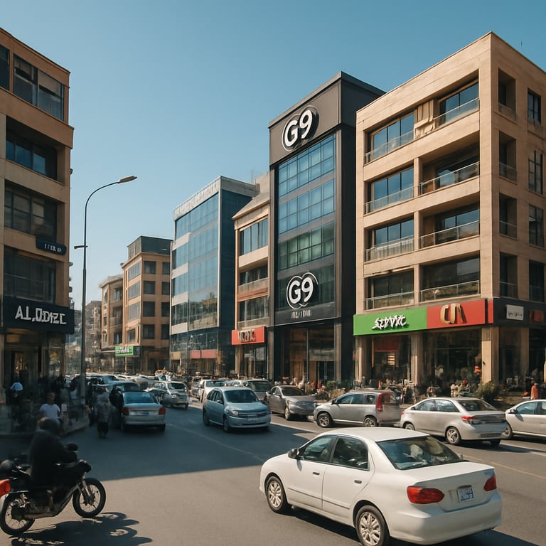 An exterior view of the bustling G9 Markaz commercial area in Islamabad, Pakistan, during a clear day, highlighting a professional environment.