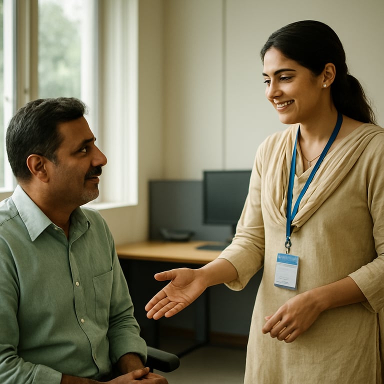 A friendly and respectful interaction between a staff member and a driver in a bright South Asian / Pakistani office setting.
