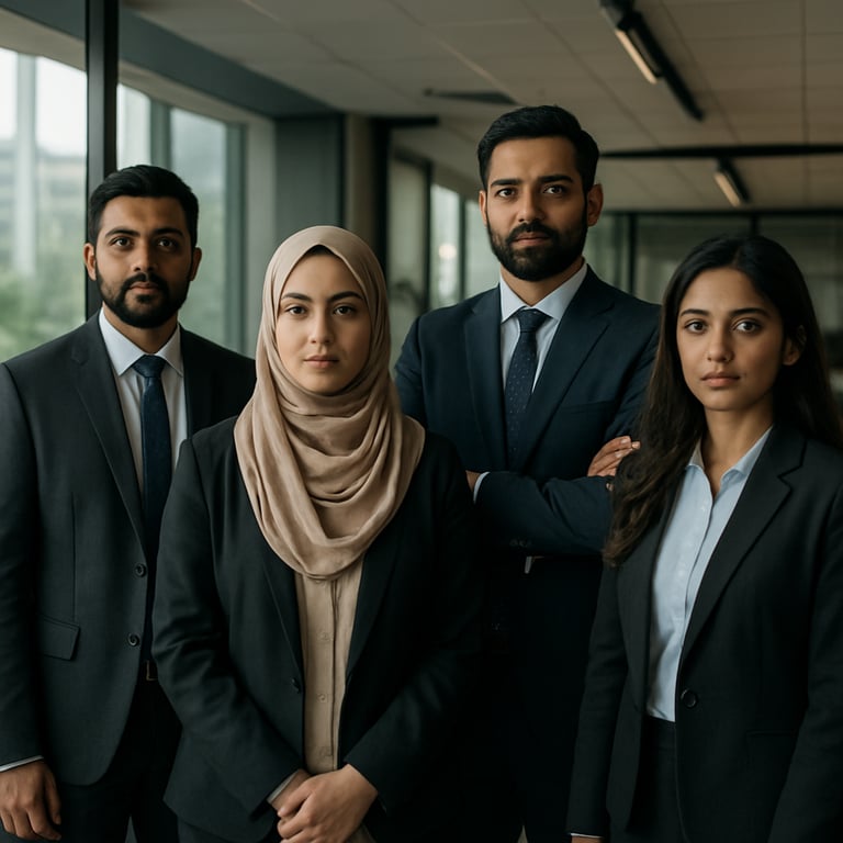 A group of professional staff members in a modern office in Islamabad, Pakistan, reflecting a South Asian / Pakistani professional team.