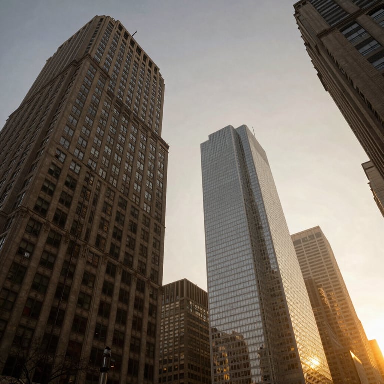 A low-angle view of financial district skyscrapers under a golden hour sky in the United States.