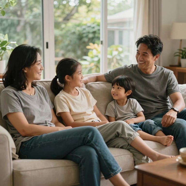 A happy North American family relaxing in a sunlit living room, representing financial peace and security.