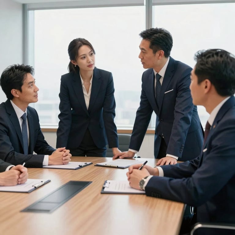 A group of financial professionals in navy suits discussing strategy in a bright North American boardroom.