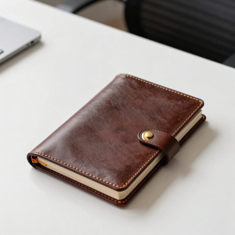 A leather-bound portfolio with gold accents sitting on a clean white desk in a corporate setting.