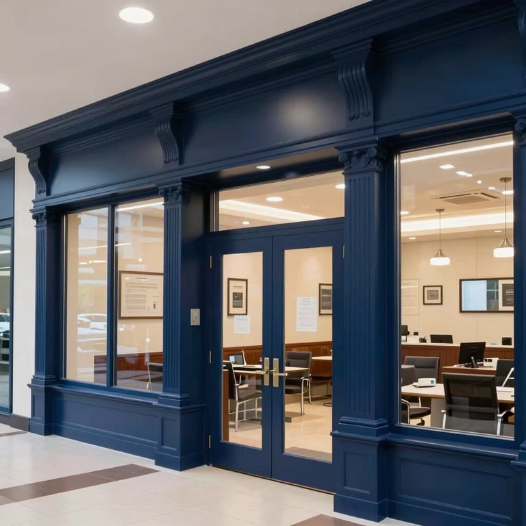 A modern bank interior with navy blue architectural details and bright, welcoming lighting.
