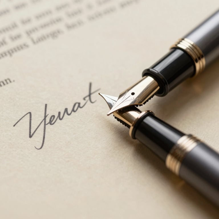 Macro photography of a fountain pen resting on a signed financial contract with beige paper.