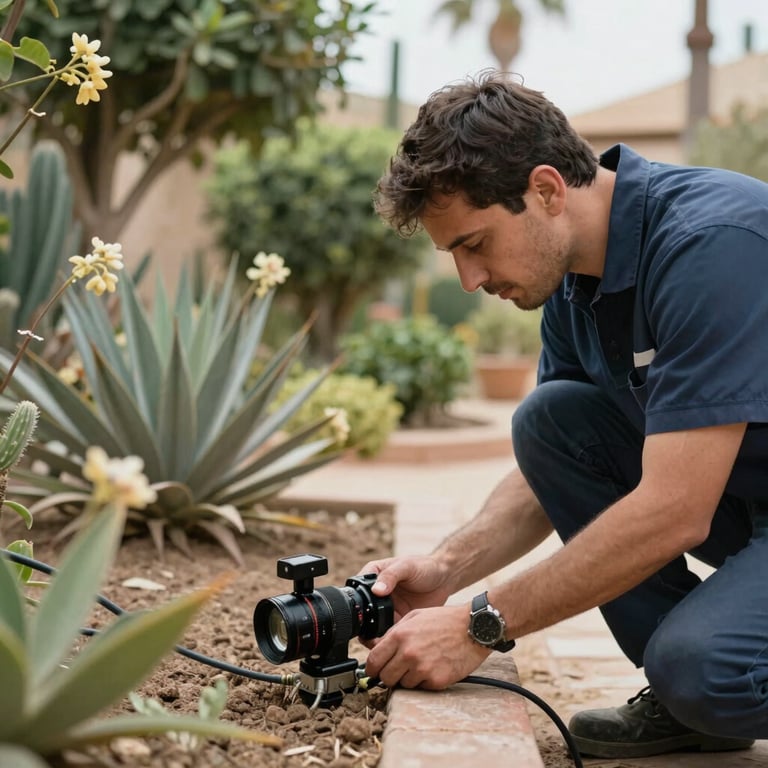 An outdoor garden shot in Aljarafe where a technician is checking the exterior ground connection.