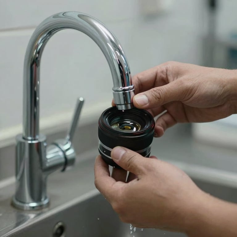 Close-up of a technician changing a polished chrome faucet in a clean kitchen.