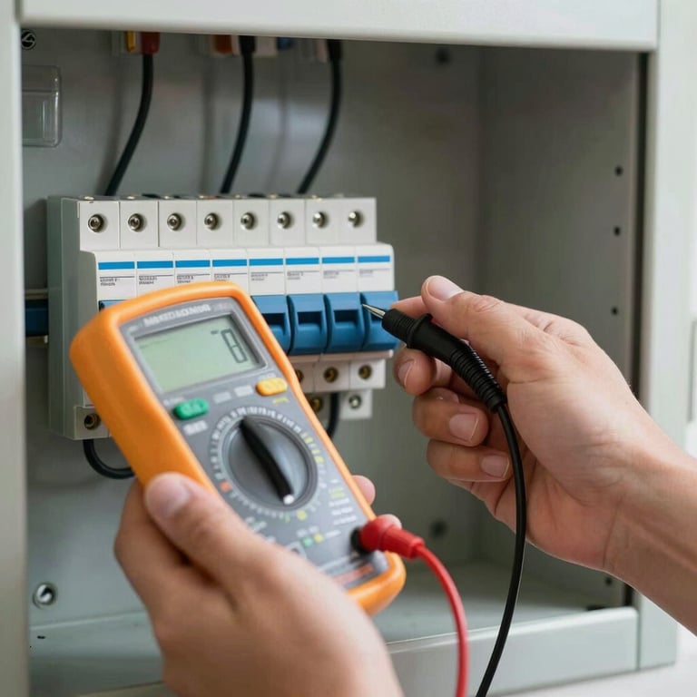 Hand using a professional multimeter to test a circuit breaker in a home panel.