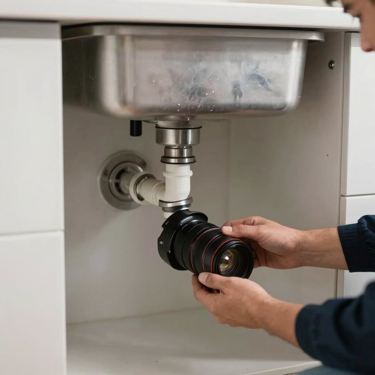 Professional inspecting a kitchen drain pipe under a sink in a modern house.