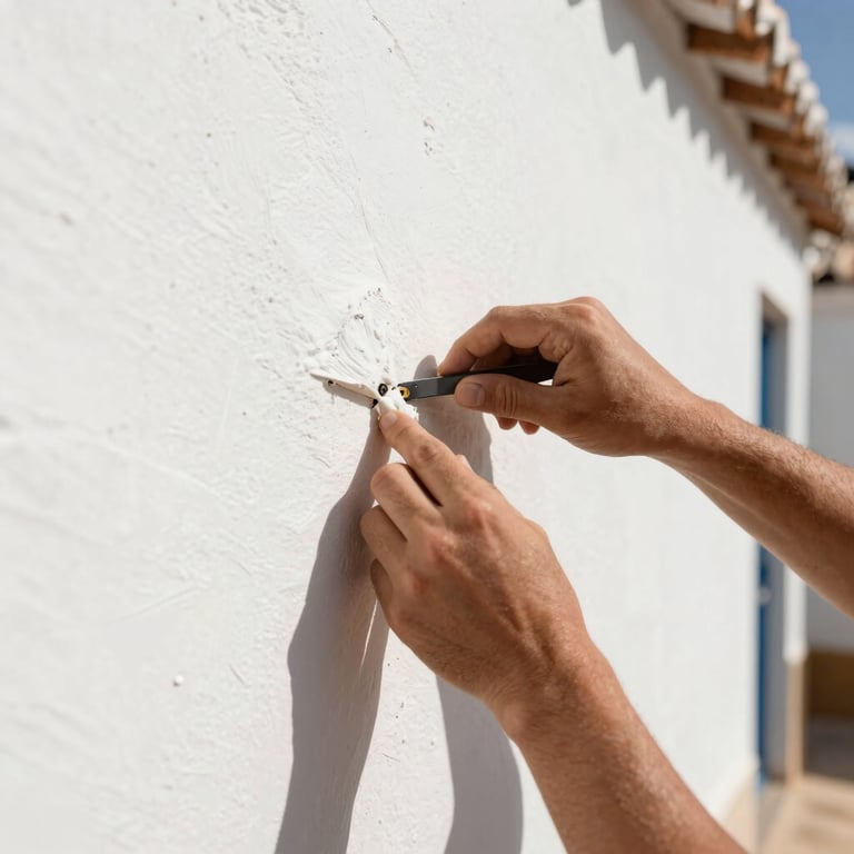 Detailed shot of hands repairing a white plastered wall in a sunny Andalusian home.