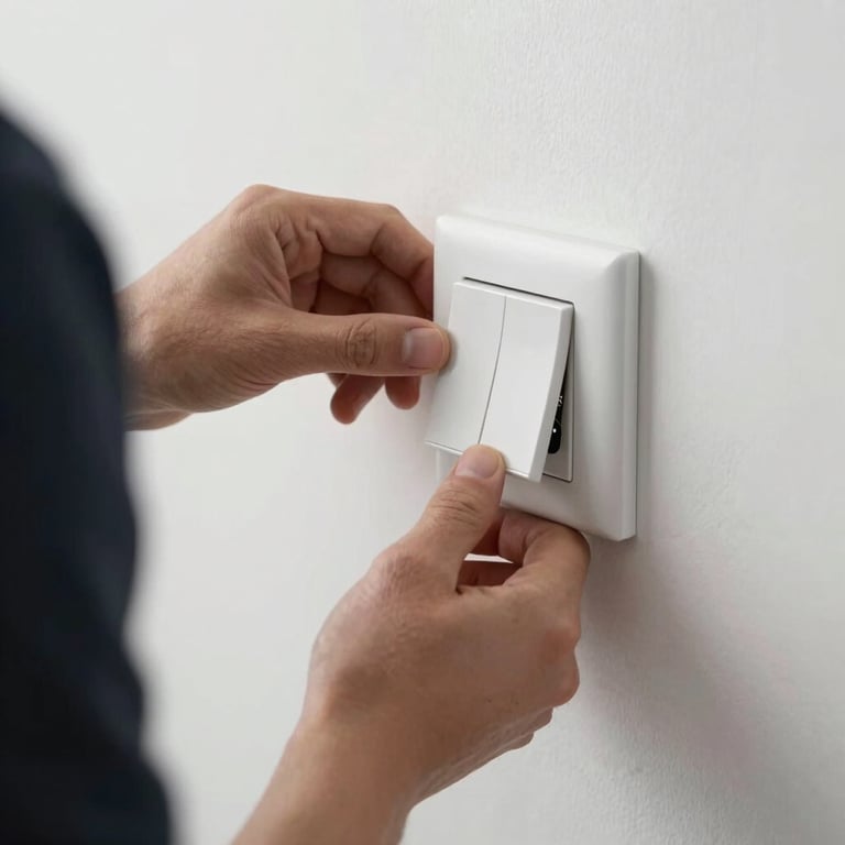 Close-up of a professional installing a modern white electrical wall switch in a bright room.
