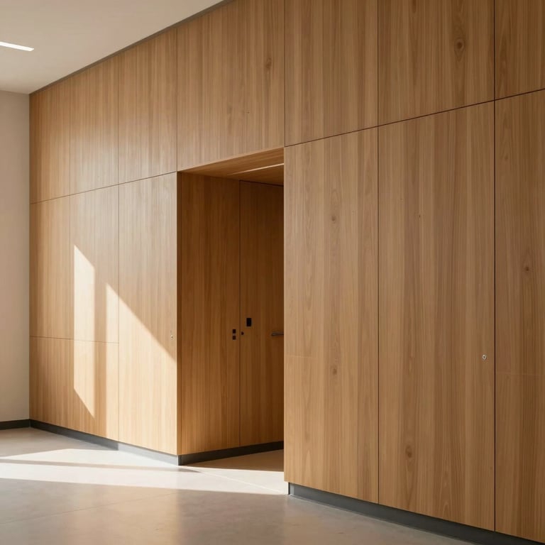 An abstract architectural detail of a calm, structured clinical space with warm wood paneling and soft natural light