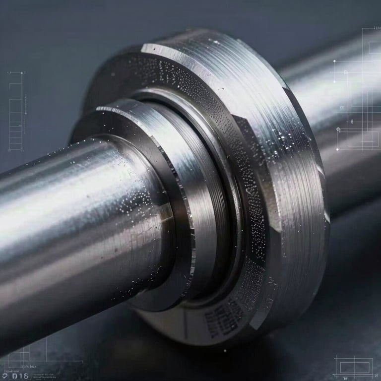 Extreme close-up of a Spirolox retaining ring on a steel shaft, crisp metallic edges with visible CNC machining tool marks, cool studio lighting, technical CAD wireframe overlay