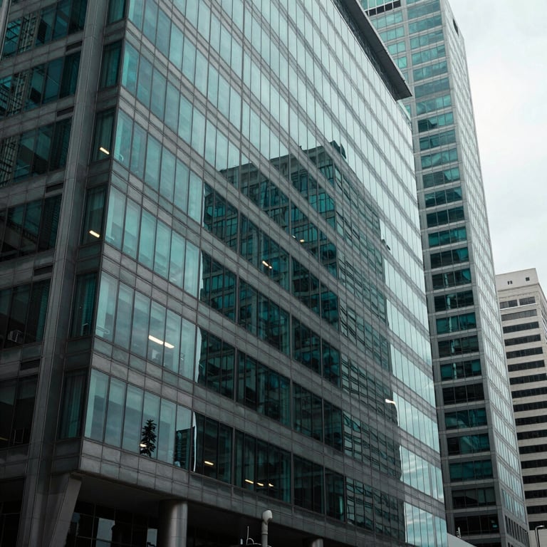 Modern corporate building exterior in a major Latin American business hub, with sleek glass and teal reflections.